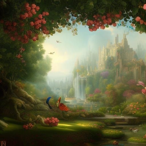 Renaissance Whimsy in a Vibrant Garden Scene