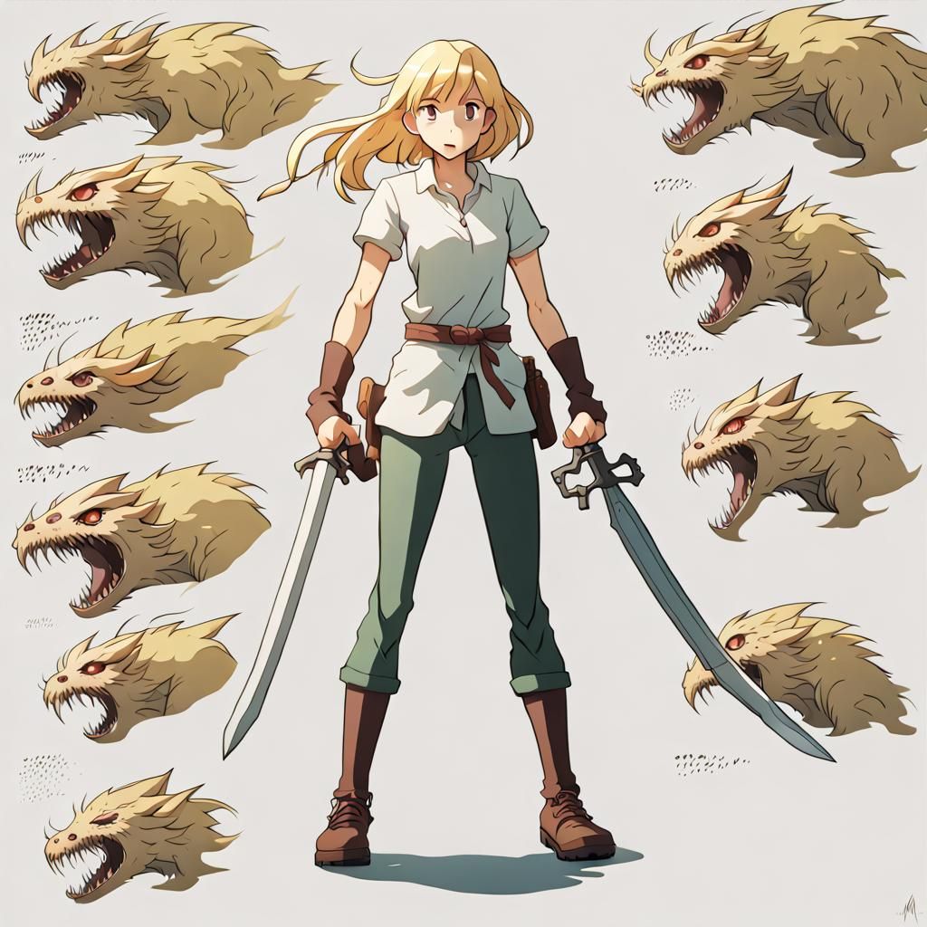 Ethereal Anime Goddess Battles Fearsome Beasts in Vibrant St...