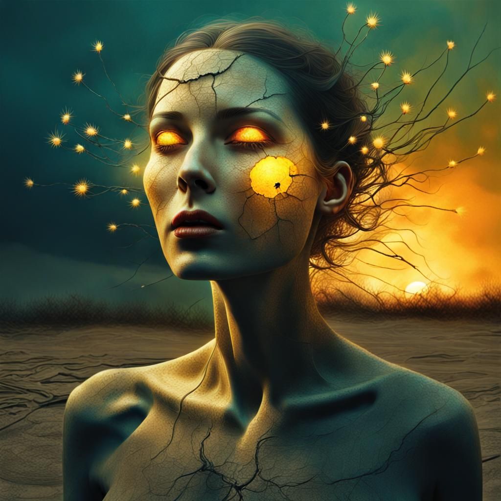 Surreal Woman Encircled by Swarming Fireflies in a Post-Apoc...