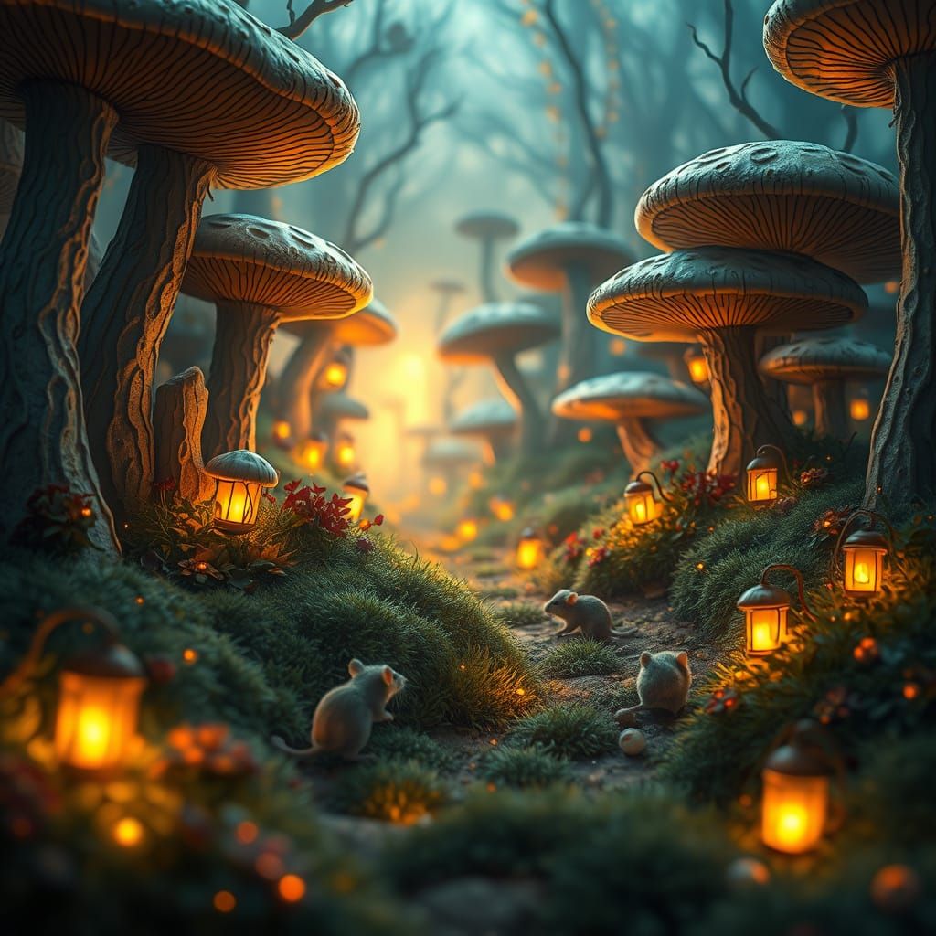 Whimsical Mushroom Forest Scene in Fairycore Style