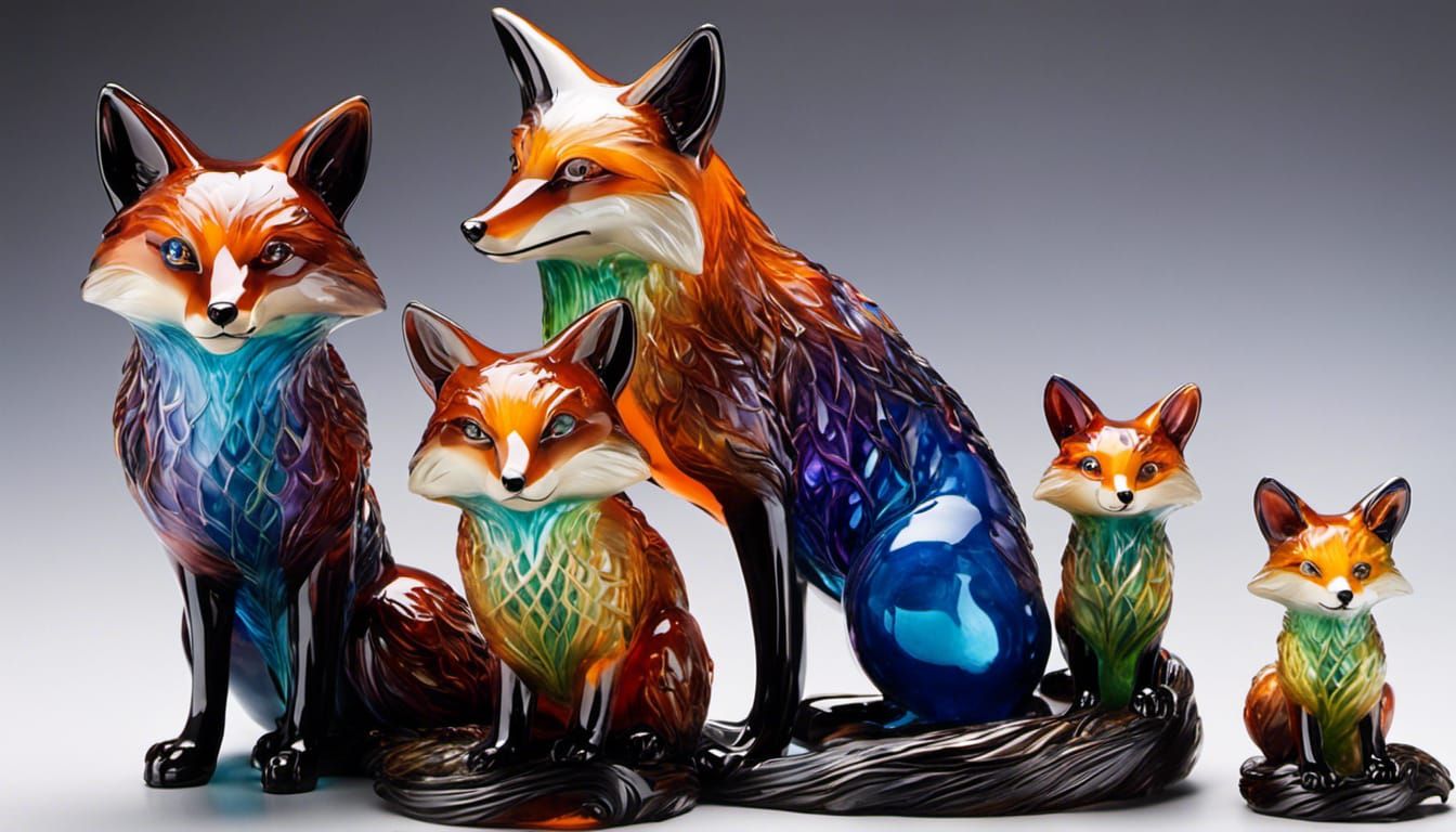 Blown Glass Fox Family: Intricate Digital Art