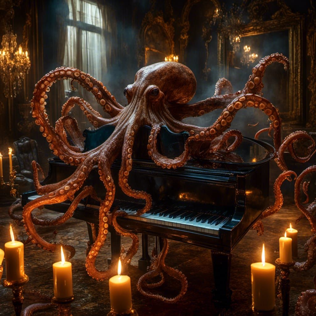 Octopus Plays Grand Piano in Dreamlike Surrealist Scene