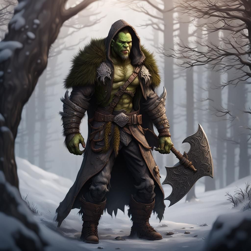 Fantastical Orc Ranger in Rich Furs and Hooded Cloak