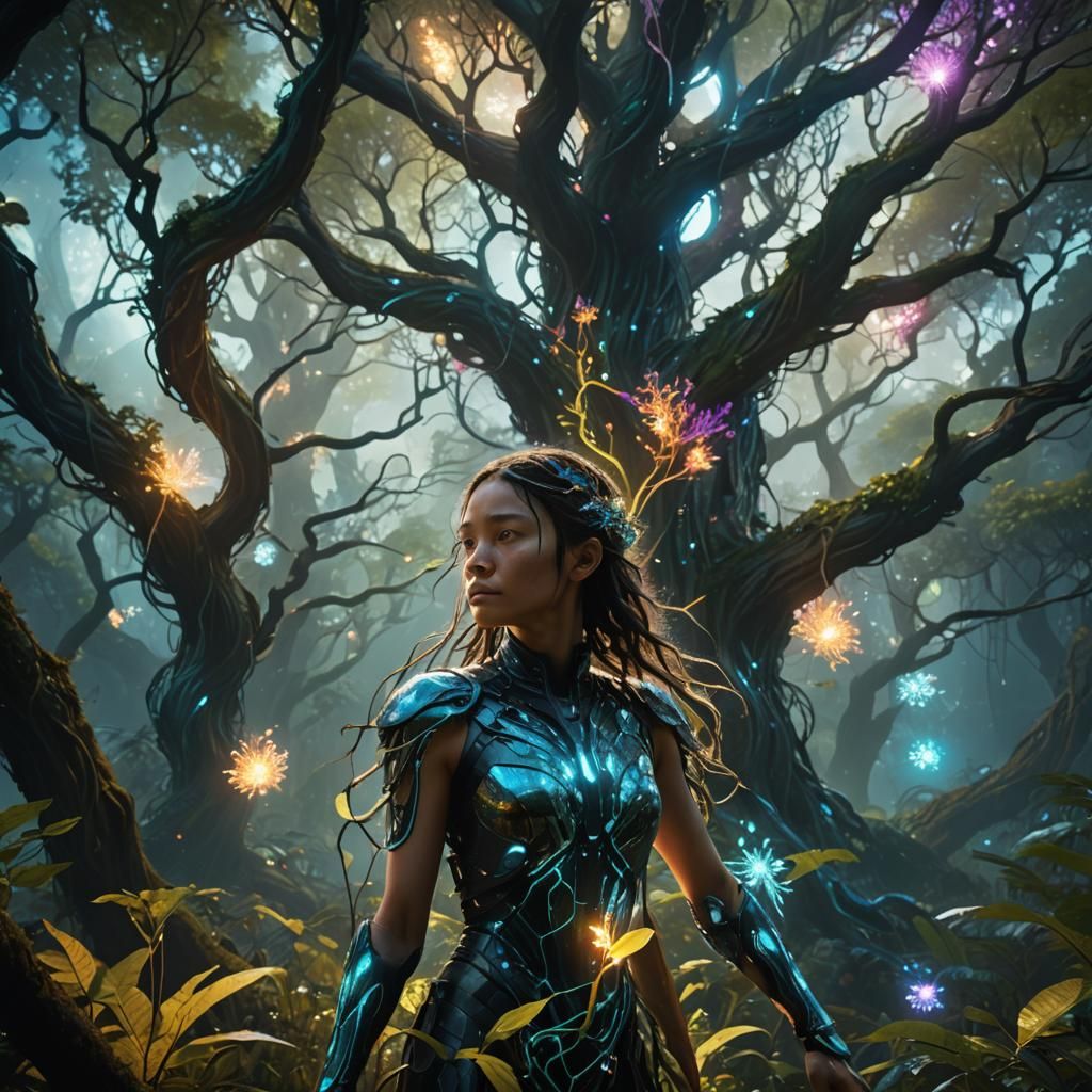 Surreal Futuristic Goddess Surrounded by Iridescent Light