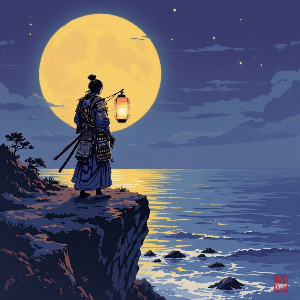 Samurai on Cliff in Ukiyo-e Style