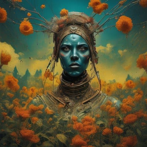 Cybernetic Woman in Futuristic Garden