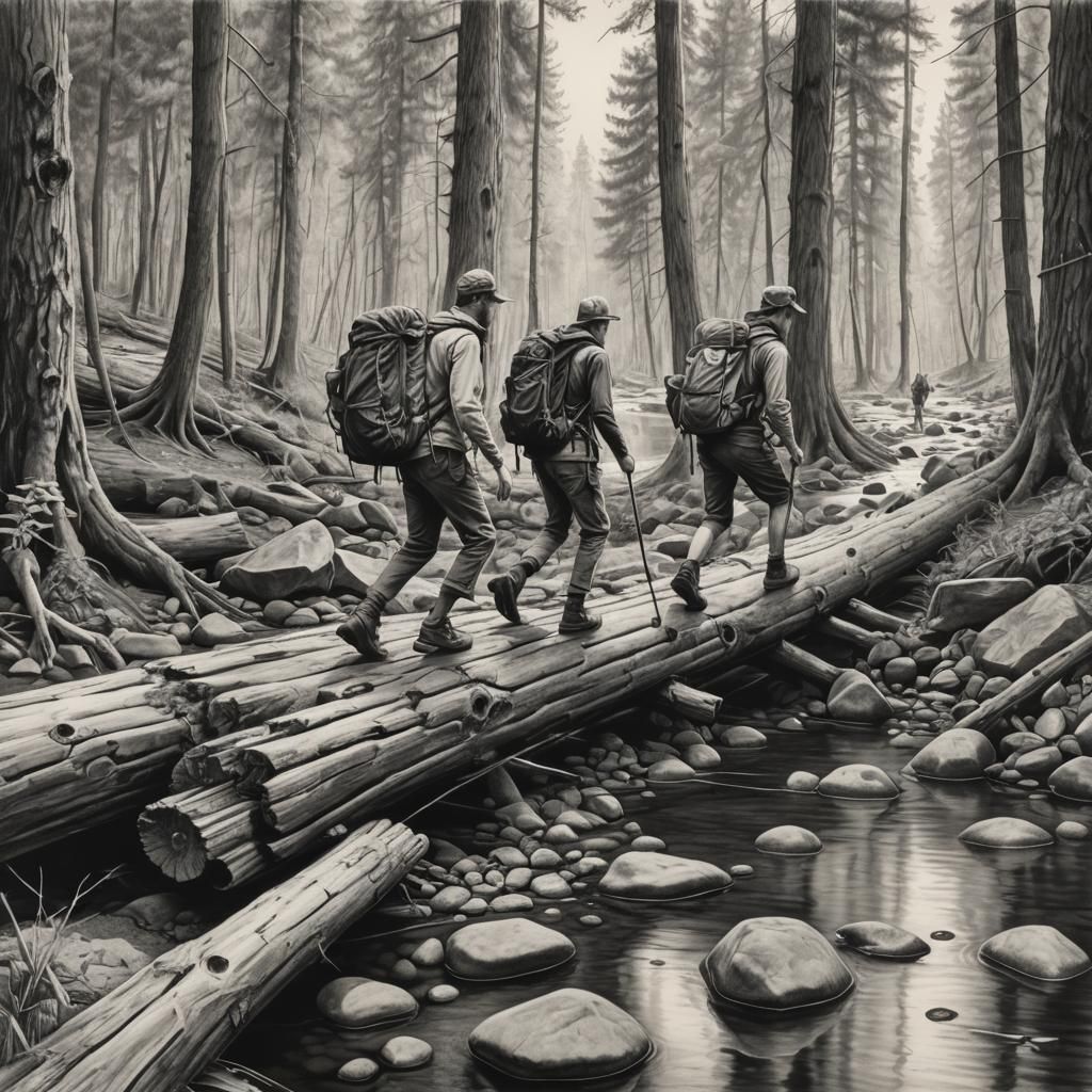 Hikers Crossing a Creek in a Hyperdetailed Charcoal Landscap...
