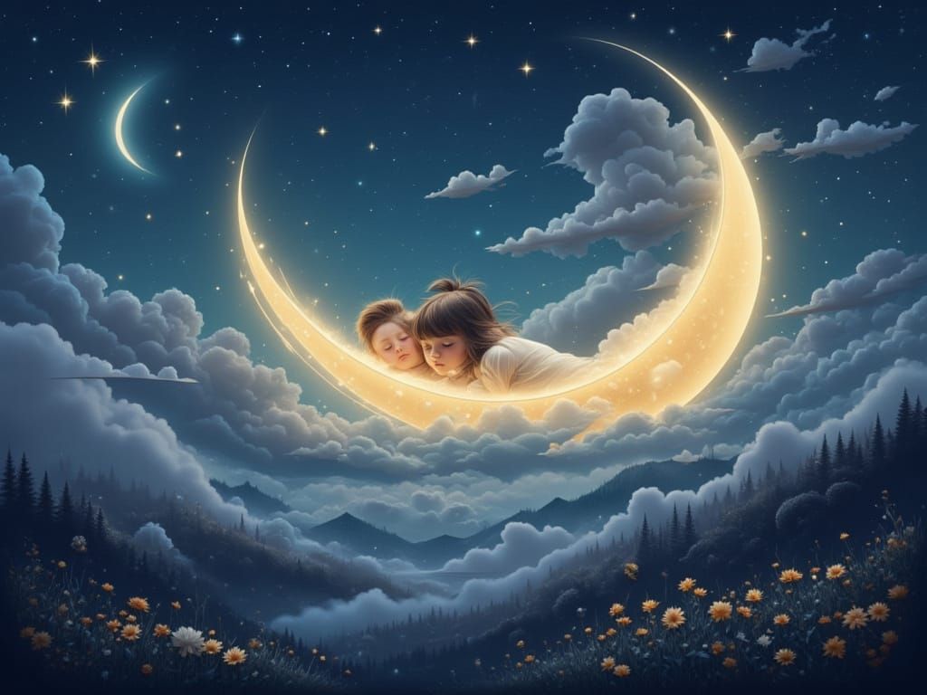 Dreamy Digital Painting of Girl Sleeping on Moon