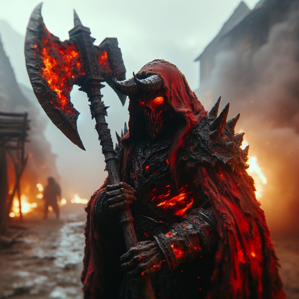 Cyberpunk Golem in Hellish Red Armor Wields Fury in Desolate...