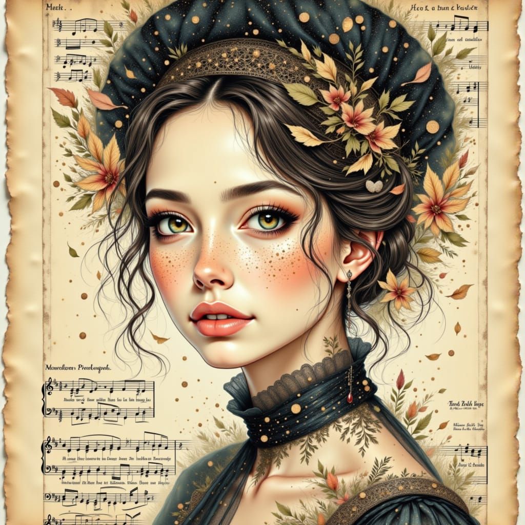 Elegant Woman Portrait with Galactic Dust and Music Notes