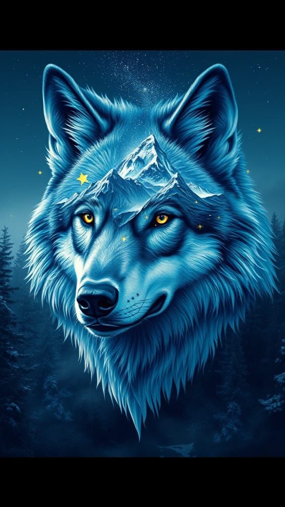 Surreal Wolf Double Exposure Digital Painting