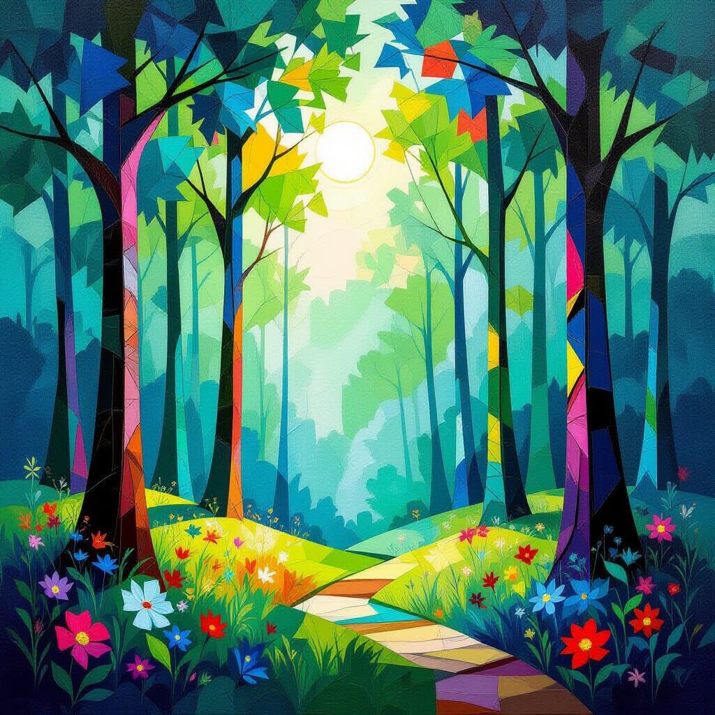 Vibrant Geometric Forest in Stained Glass Style