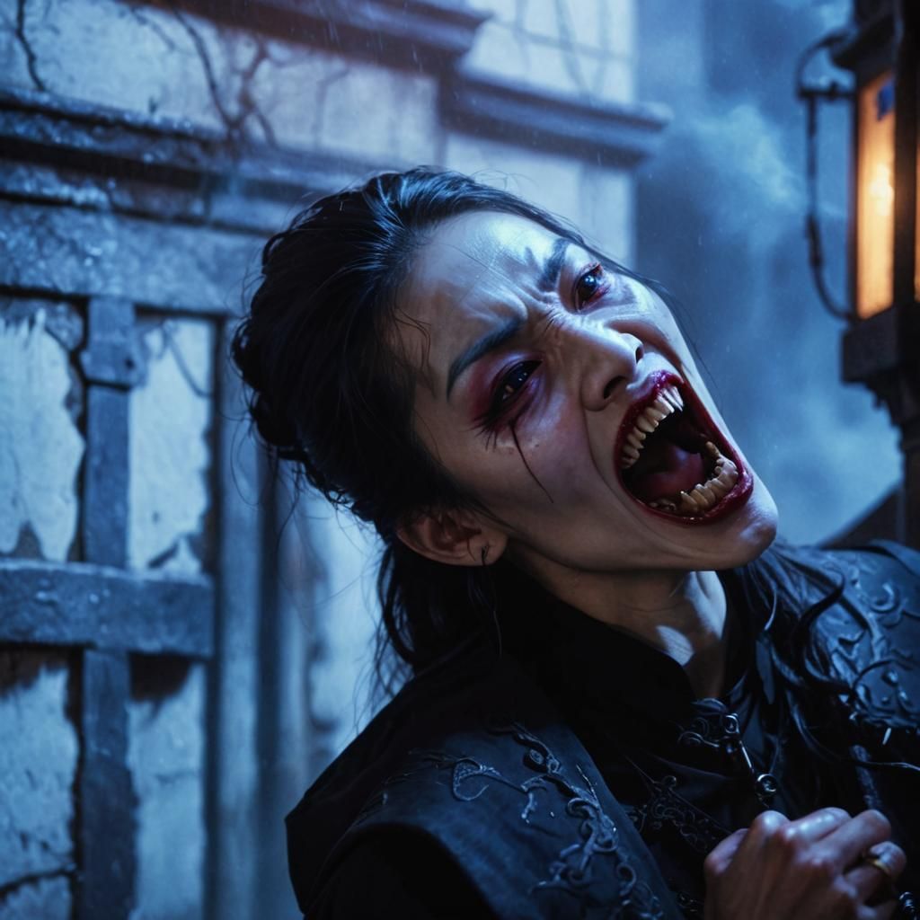 Gothic Chinese Vampire Woman in Dark Alleyway
