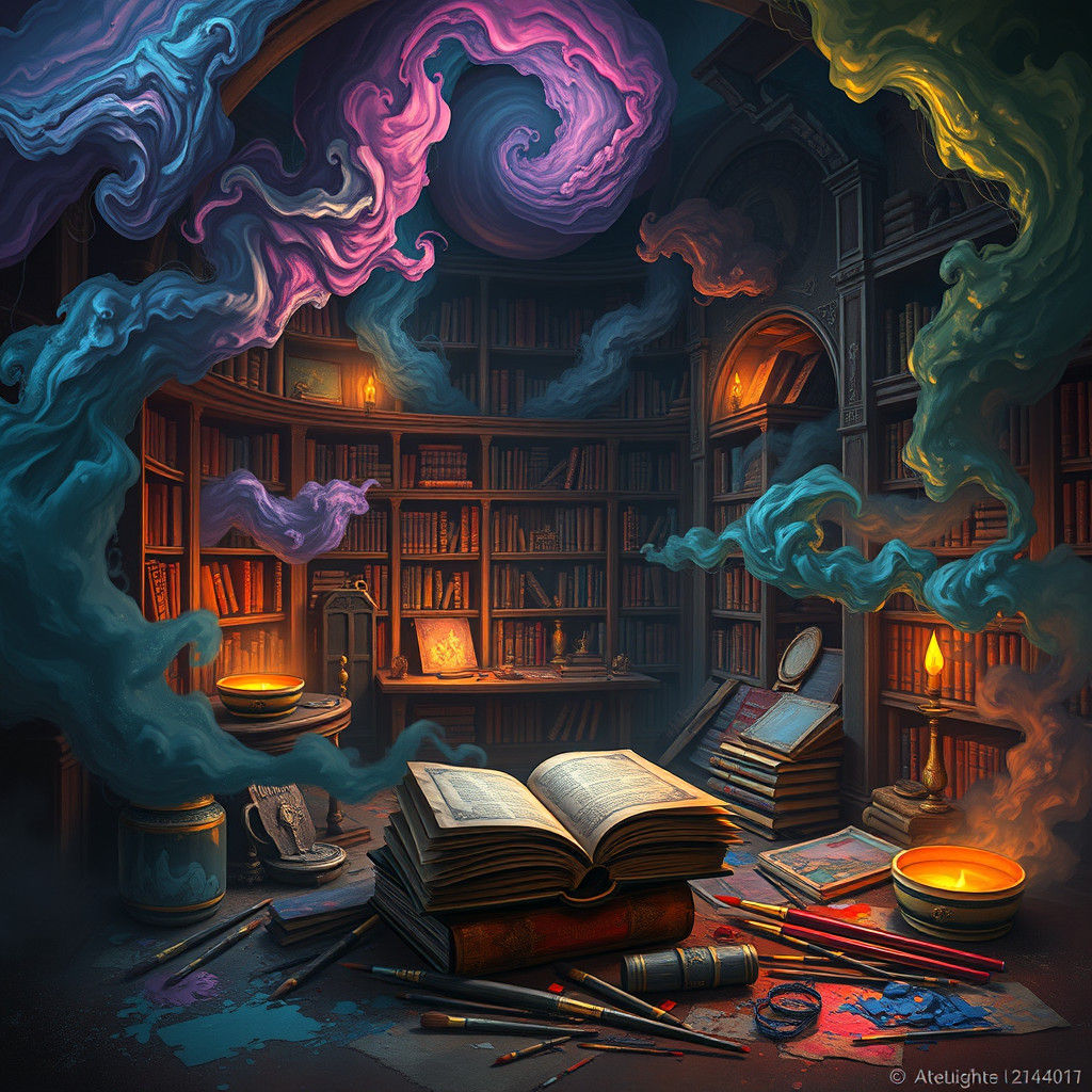 Mystical Fantasy Library of Ancient Tomes and Art Brushes