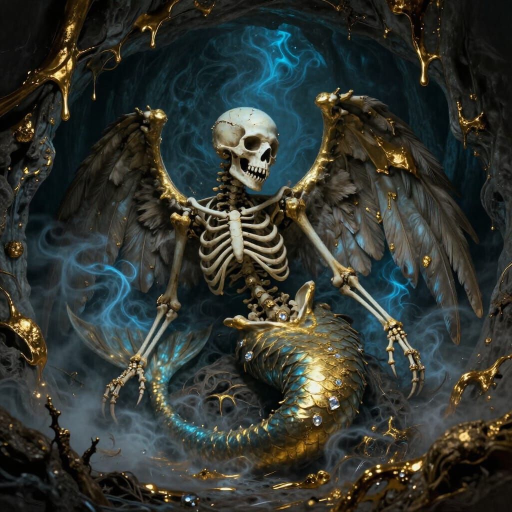 Skeleton Mermaid with Wings and Gold Accents in Dark Fantasy...