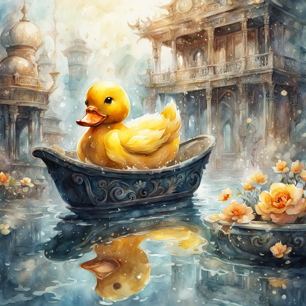 Elegant Yellow Rubber Duck in Whimsical Watercolor Fantasy