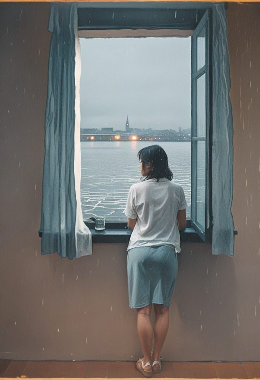 Woman at Window in Film Noir Style