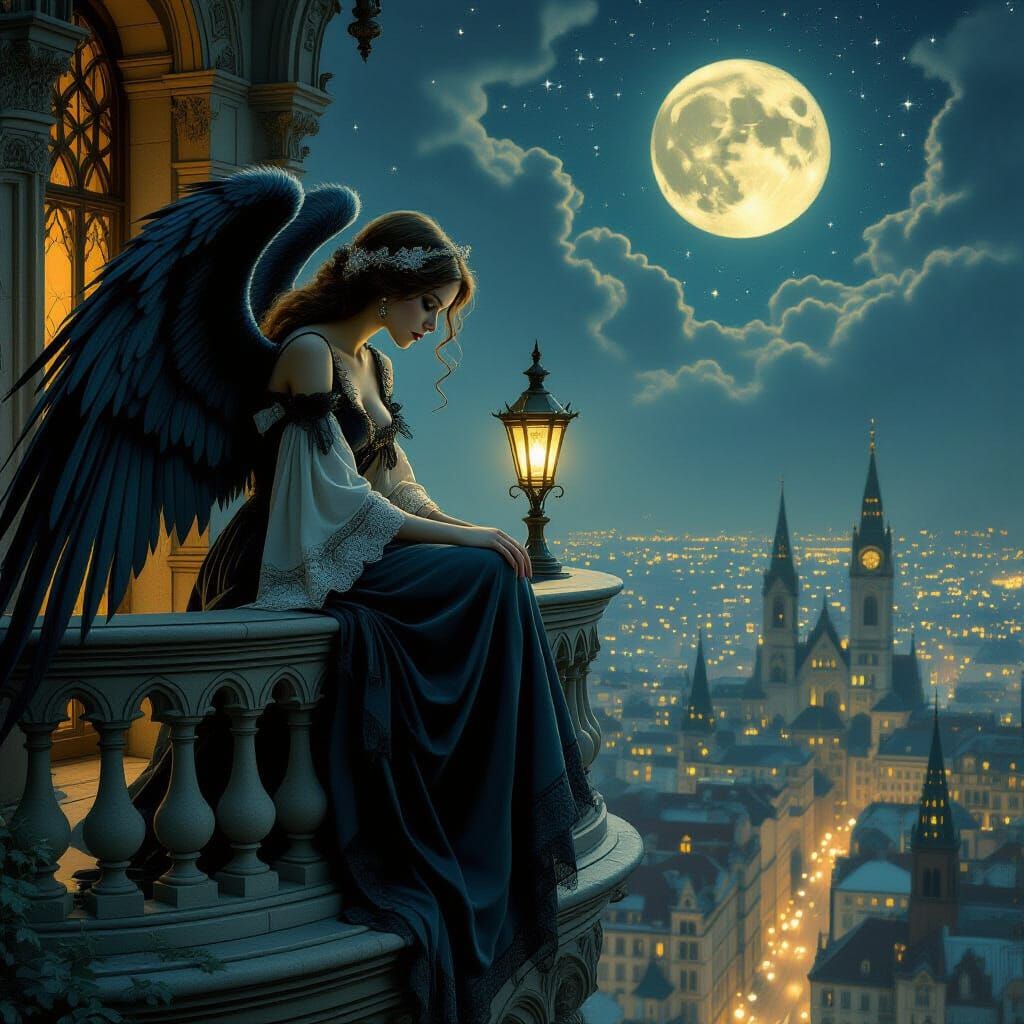 Sorrowful Angel Overlooking Star-Dusted City
