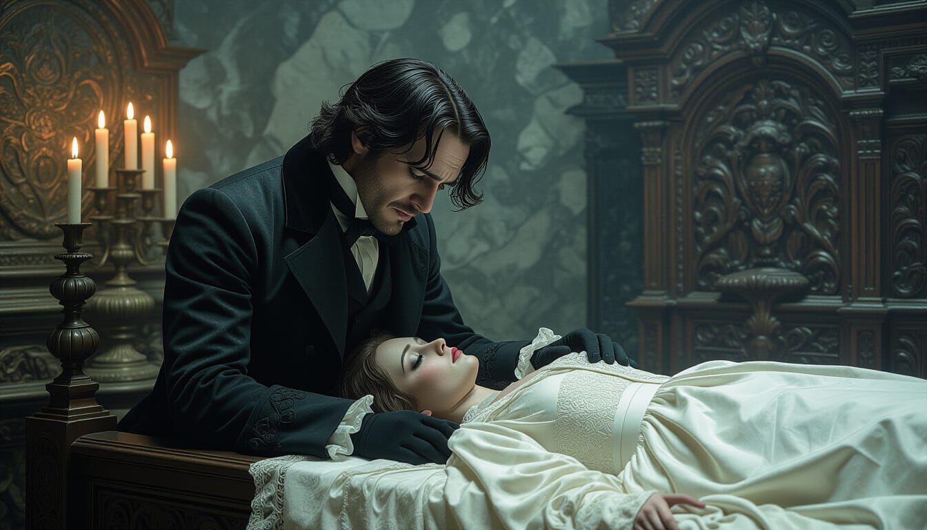 Victorian Mourner Beside Bier in Haunting Style