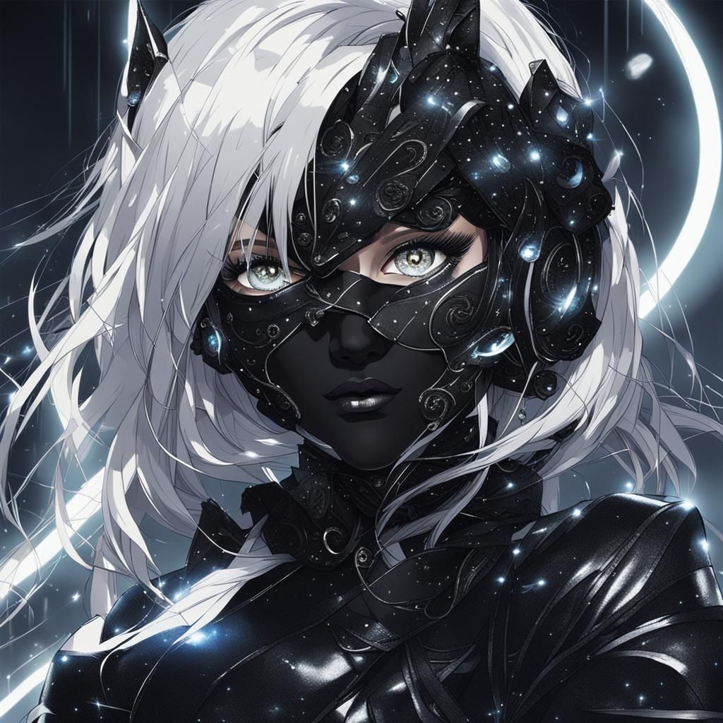 Sultry Woman in Metallic Armor under Electric Lighting