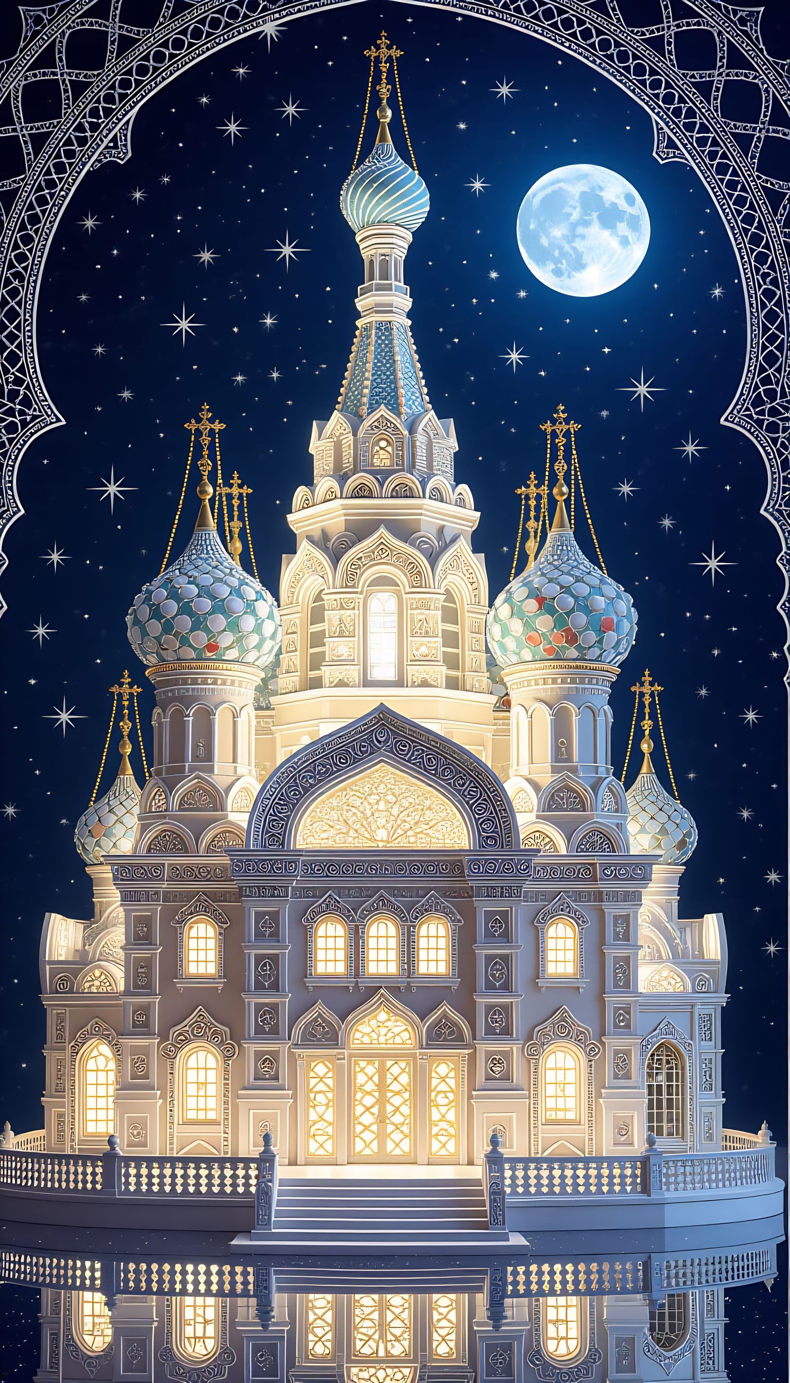 Luminous Embroidered Fantasy Cathedral with Starlit Domes