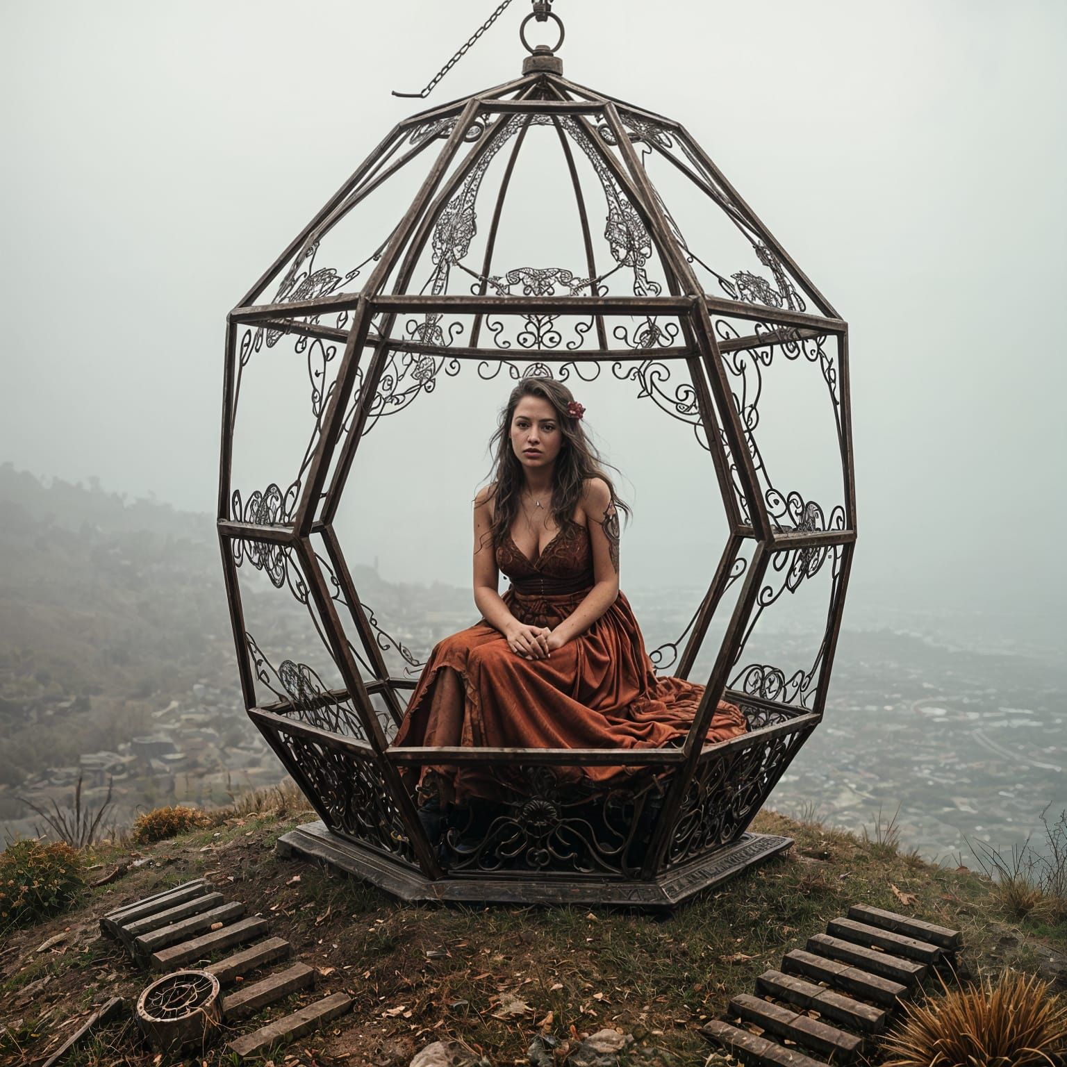 Ethereal Woman in a Rusty Dystopian Metal Cage