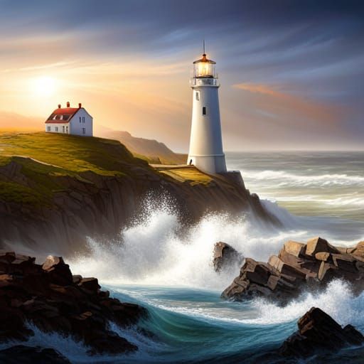 Stunning Lighthouse Scene with Golden Hour Lighting