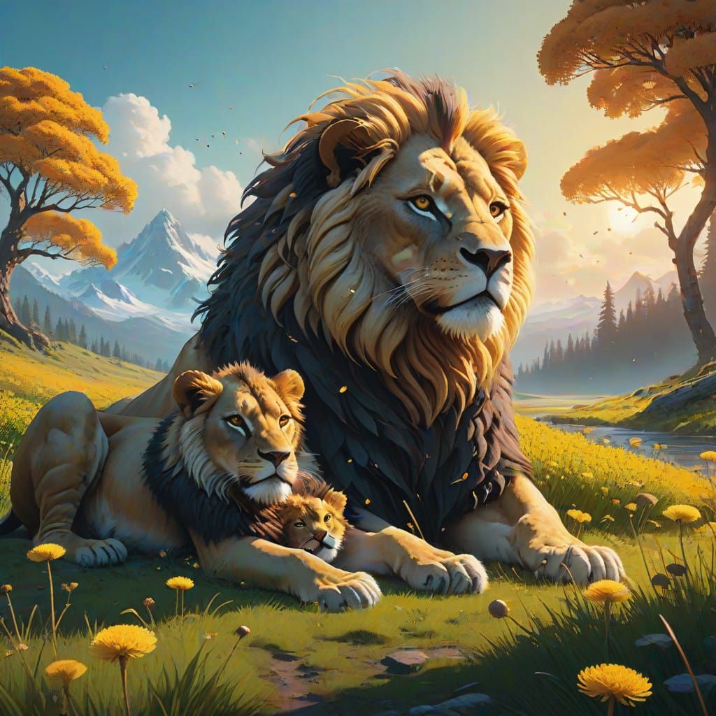 Serene Family Scene in a Sunlit Dandelion Meadow