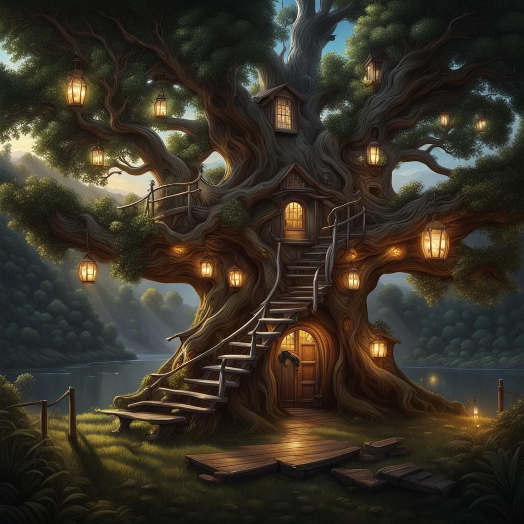 Hyperrealistic Treehouse Scene with Glowing Fruit