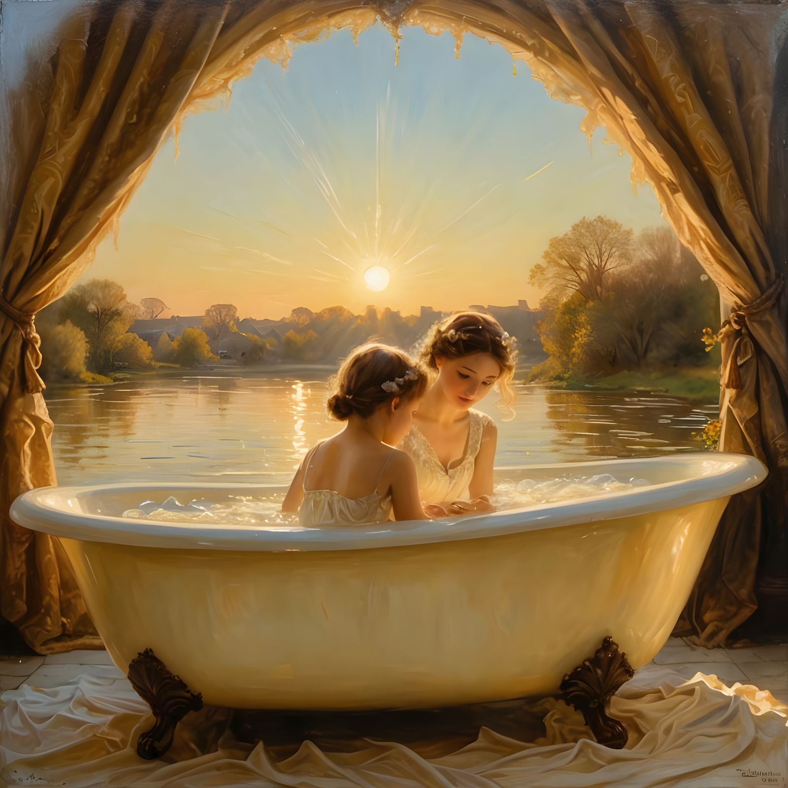 Elegant Victorian Bath Scene in Pastel Hues