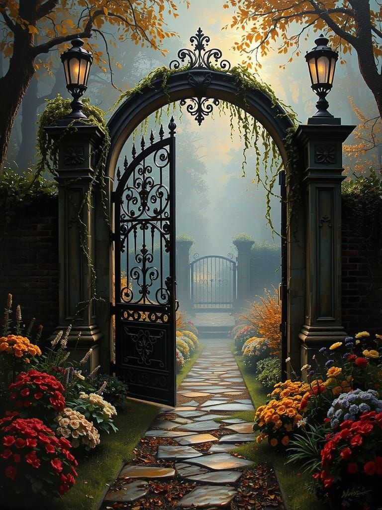Mystical Iron Gate in Whimsical Fog