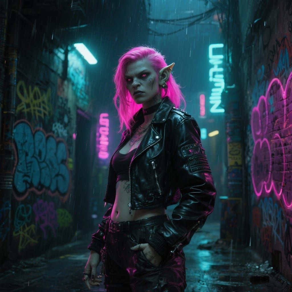 Cyberpunk Orc with Neon Hair in Rainy Alley