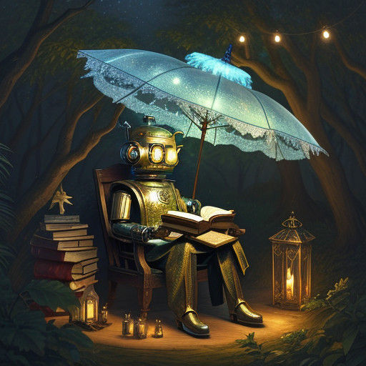 Mystical Robot Reads Vintage Christmas Tale Under Starry For...