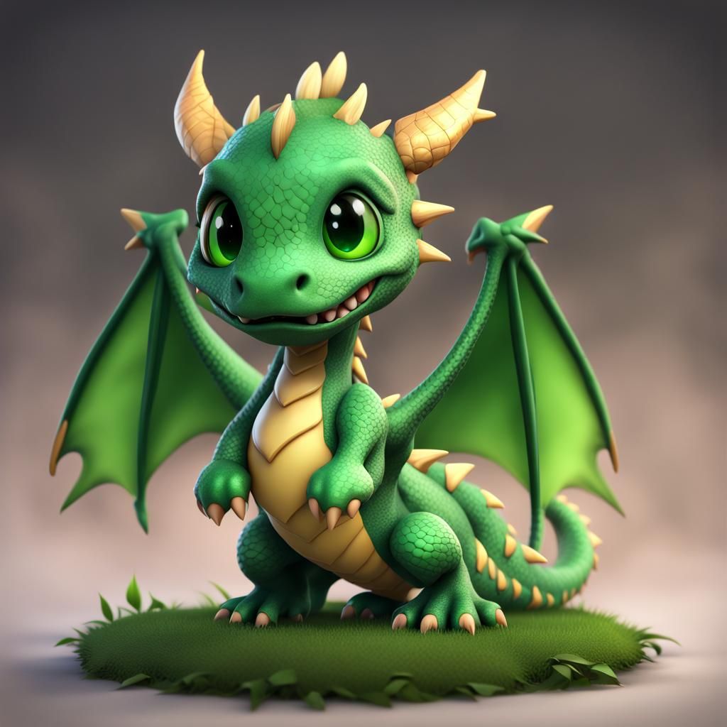 Intricate Green Chibi Dragon in Deep Fantasy World