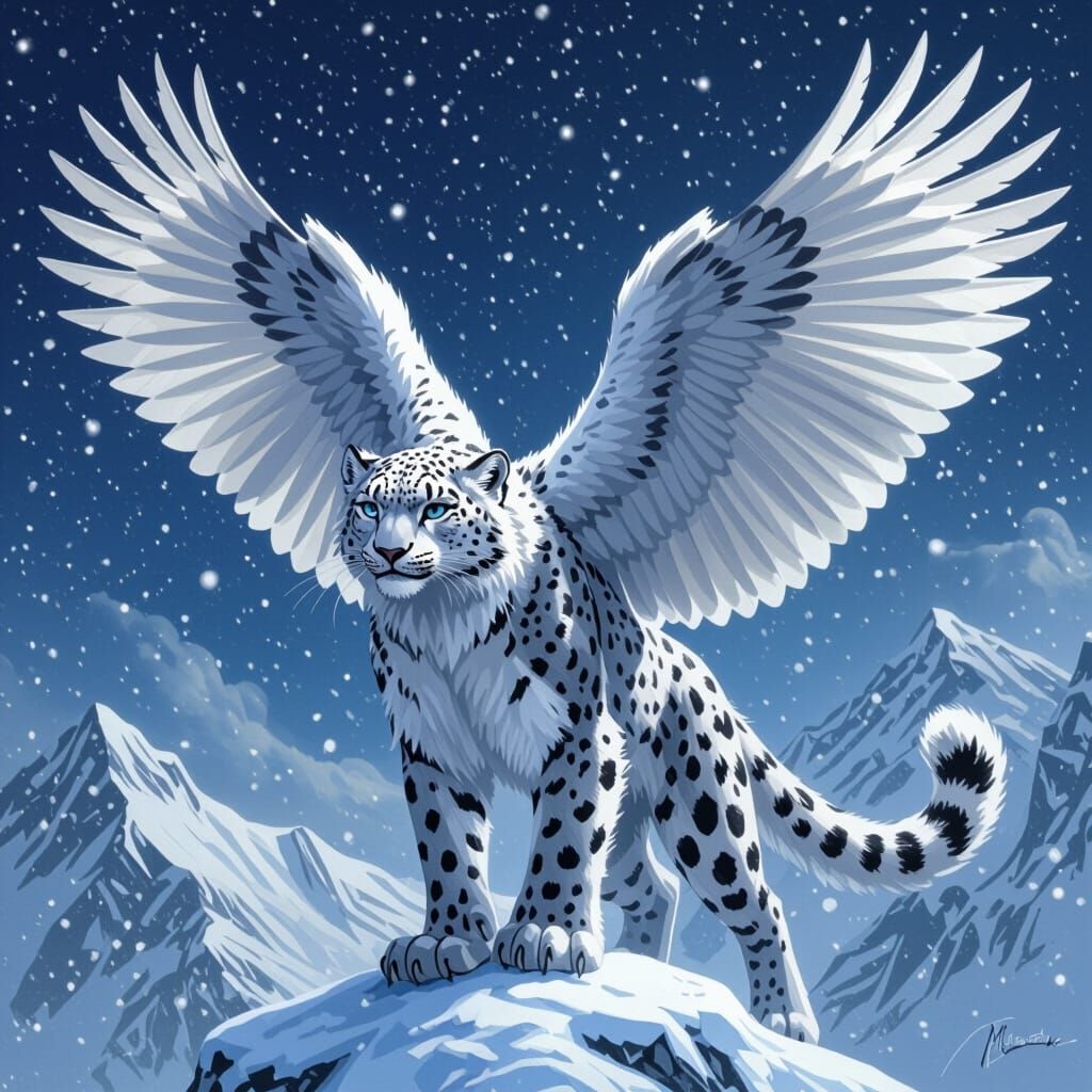 Winged Snow Leopard Eagle Hybrid in Comic Book Art