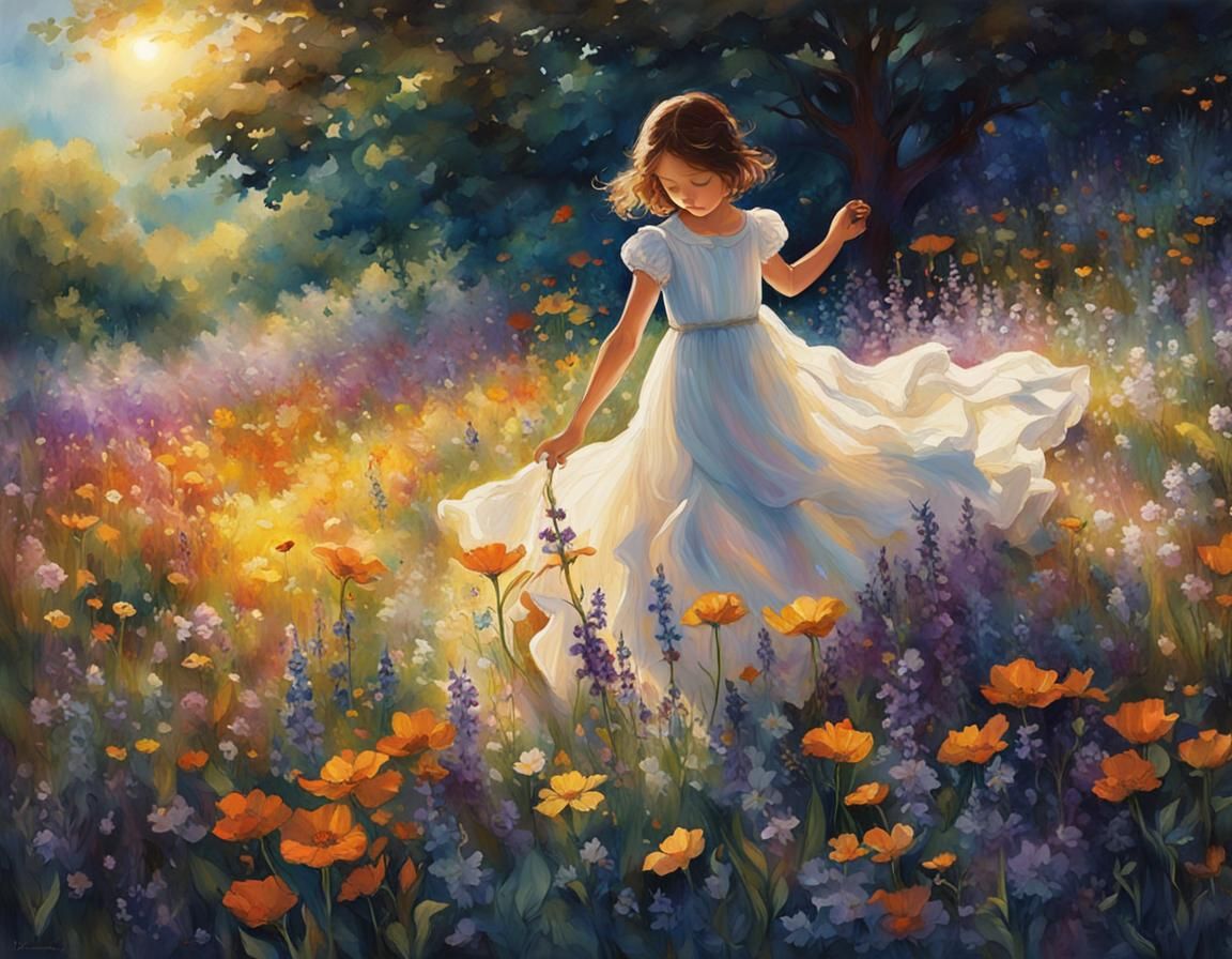 Girl in a Vibrant Fantasy Meadow in Soft, Warm Light