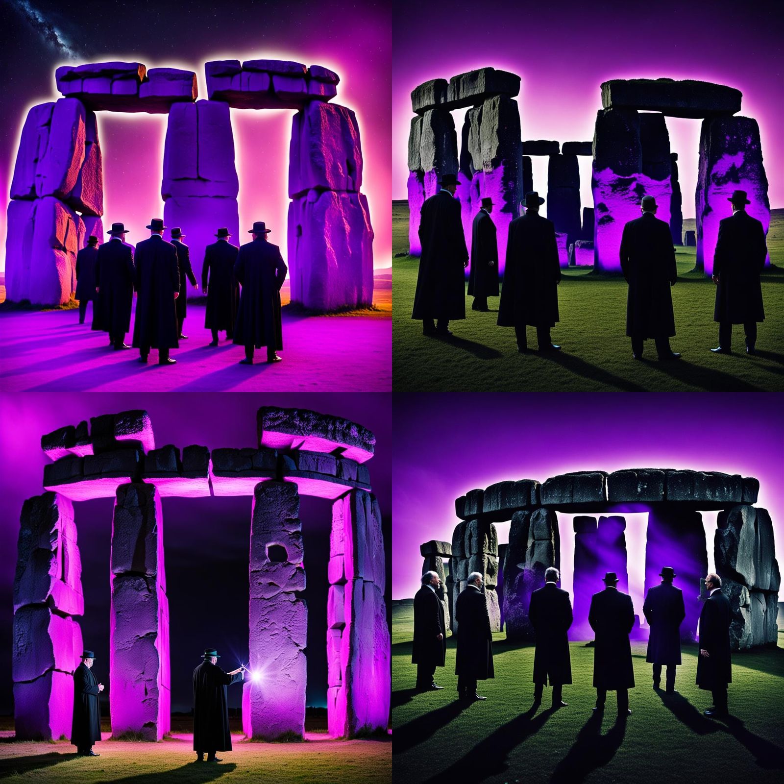 Men in Black Open Portal at Stonehenge under Starry Night Sk...