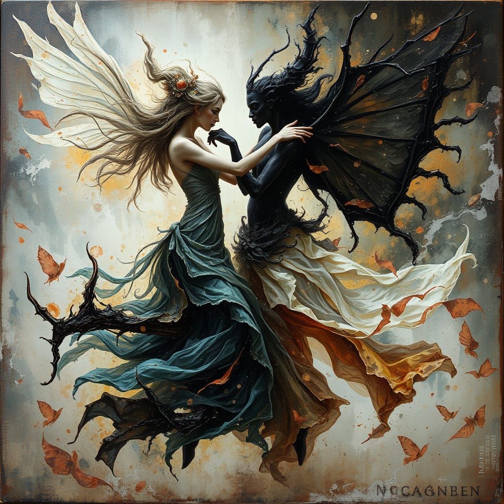 Ethereal Beings Clash in Abstract Vortex