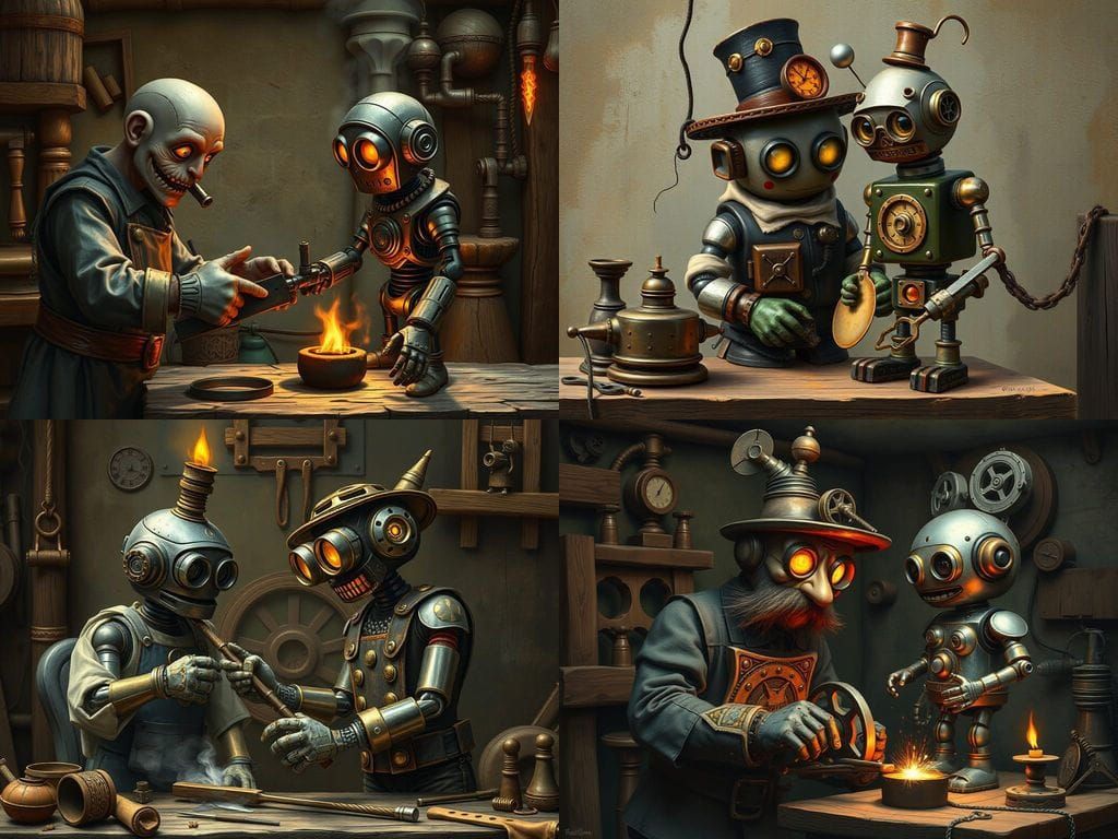 Steampunk Blacksmith Repairs Robot in Quirky Primitivism Sty...