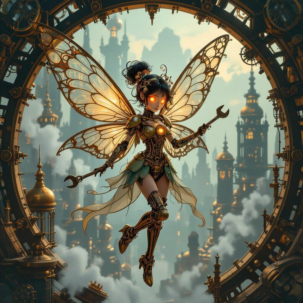 Clockwork Fairy in Steampunk Metropolis