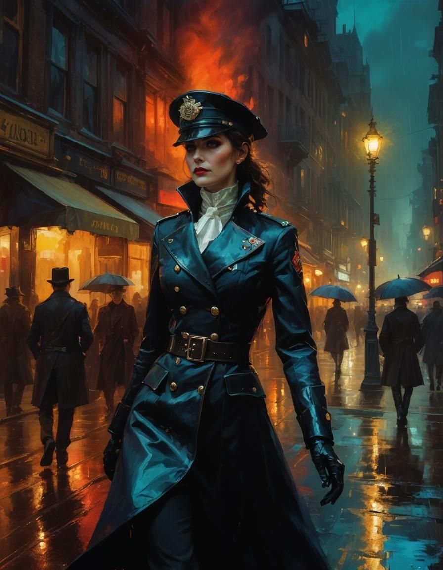 Steampunk Vampire Lady Strolls Rainy Streets in Dramatic Lig...