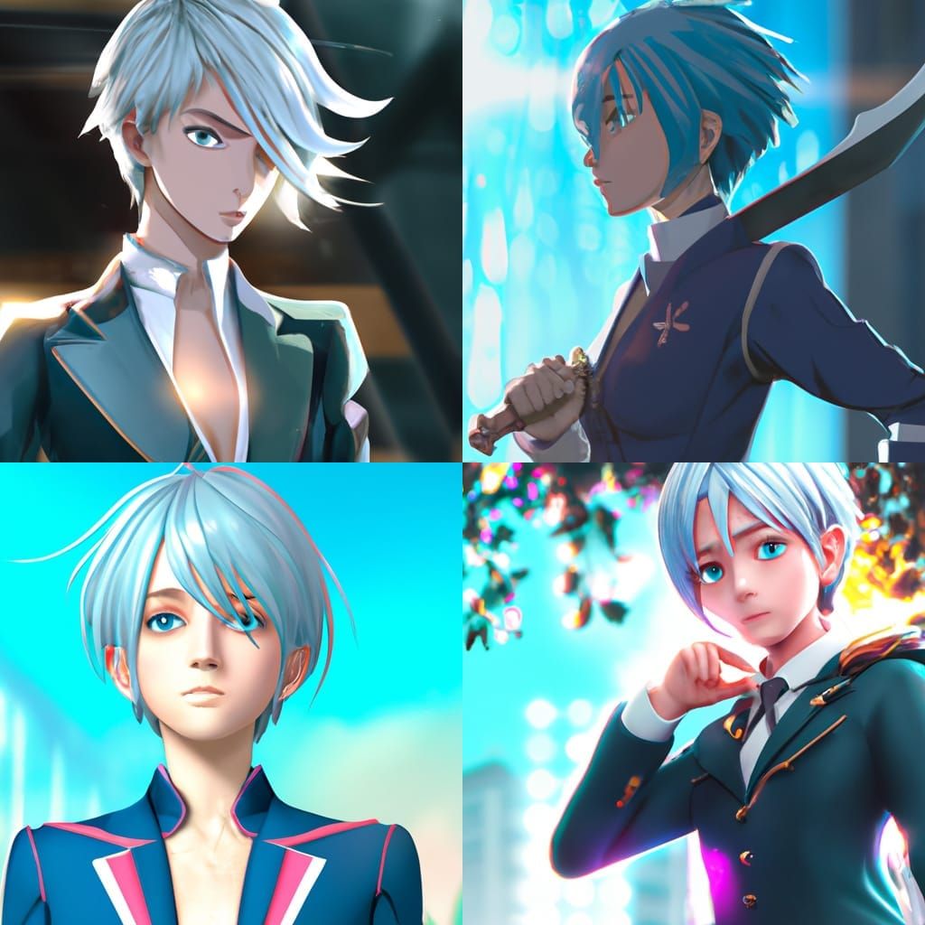 Surreal Anime Key Visual of Elegant Blue Haired Swordswoman...