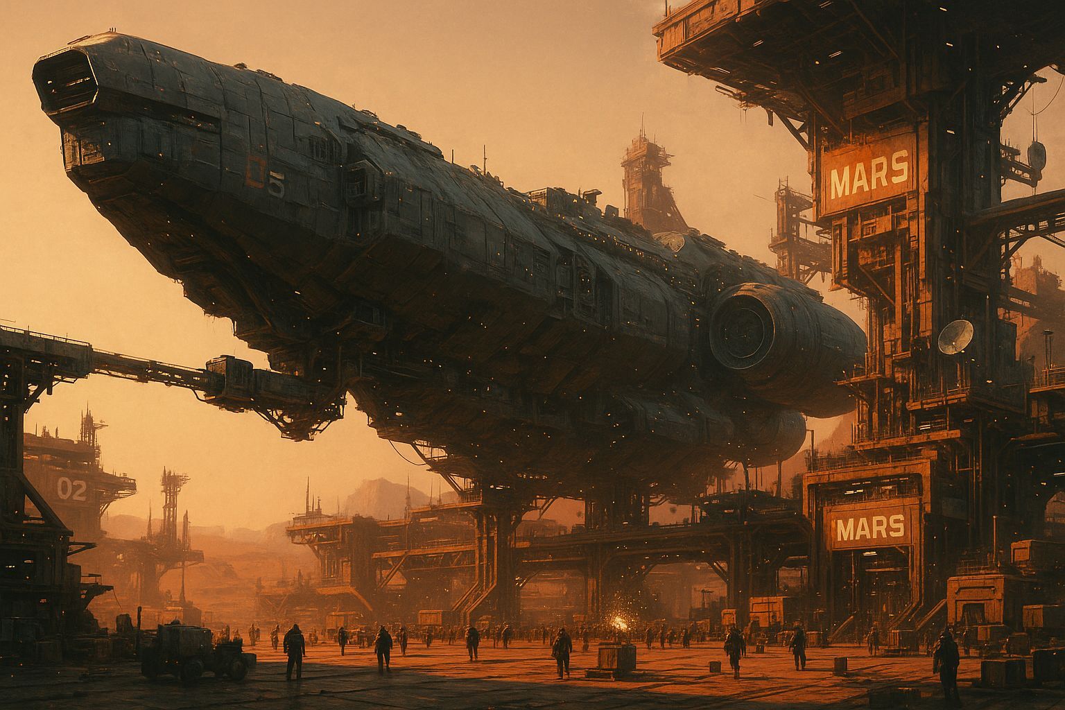 Massive Spaceship Docks at Busy Martian Space Station