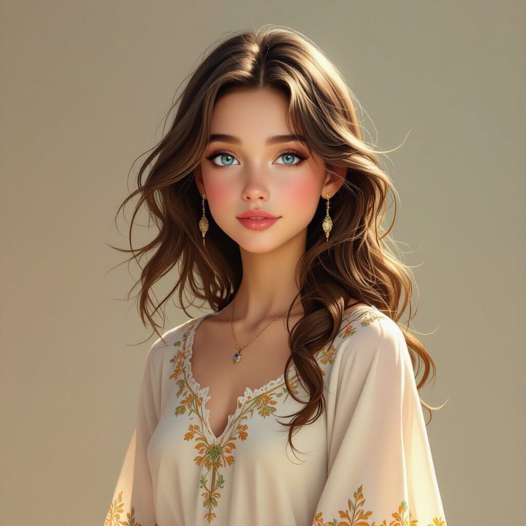 Fantasy Portrait of a Young Woman with Brown Hair and Blue E...