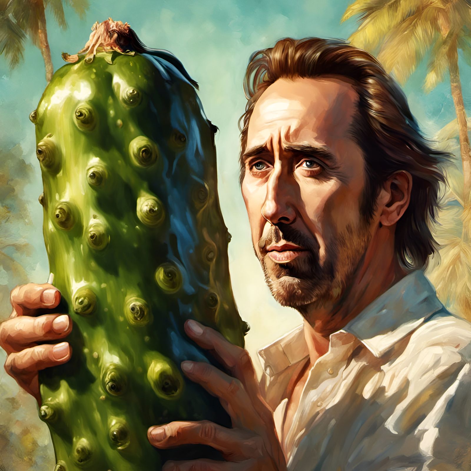 Nicholas Cage Holds a Giant Pickle in a Sunny Day Setting