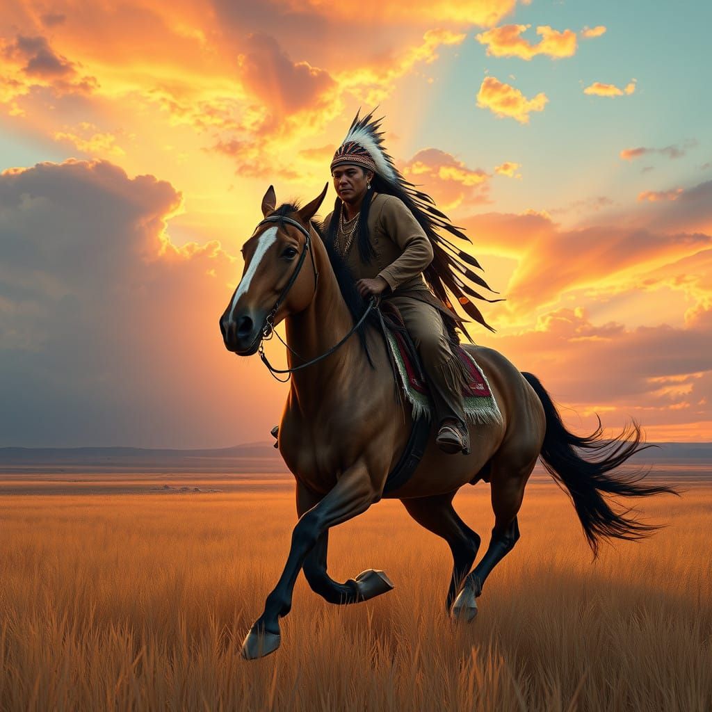 Majestic Lakota Warrior on Gruella Horse in Sunset Plains