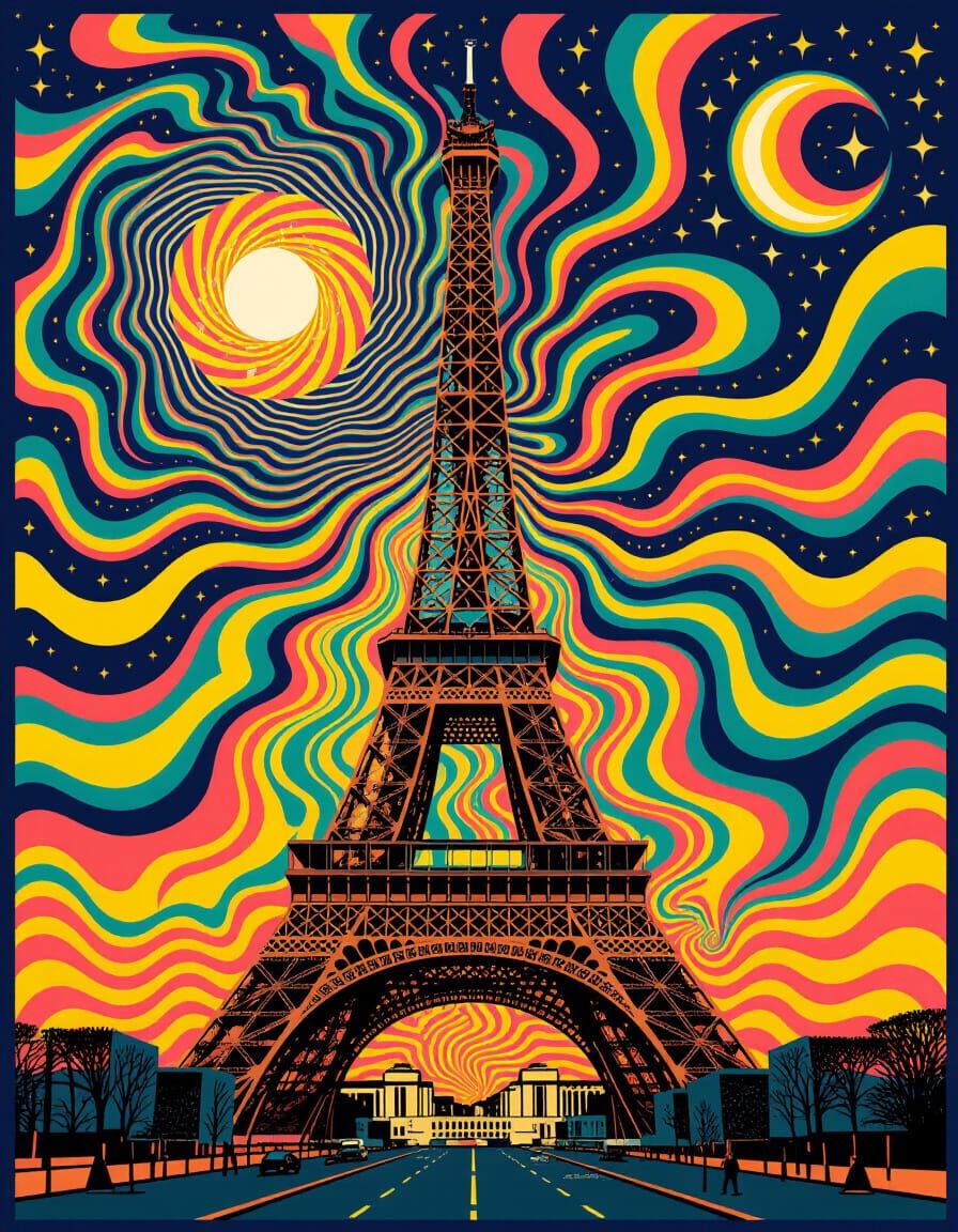 Psychedelic Eiffel Tower Poster in Woodgrain Style