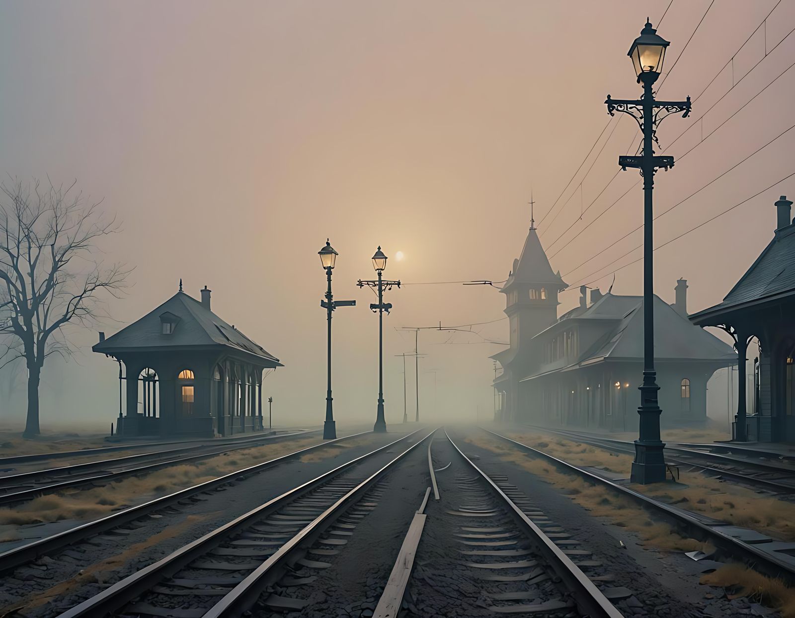Liminal Fogbound Railway Station in Soft Chiaroscuro