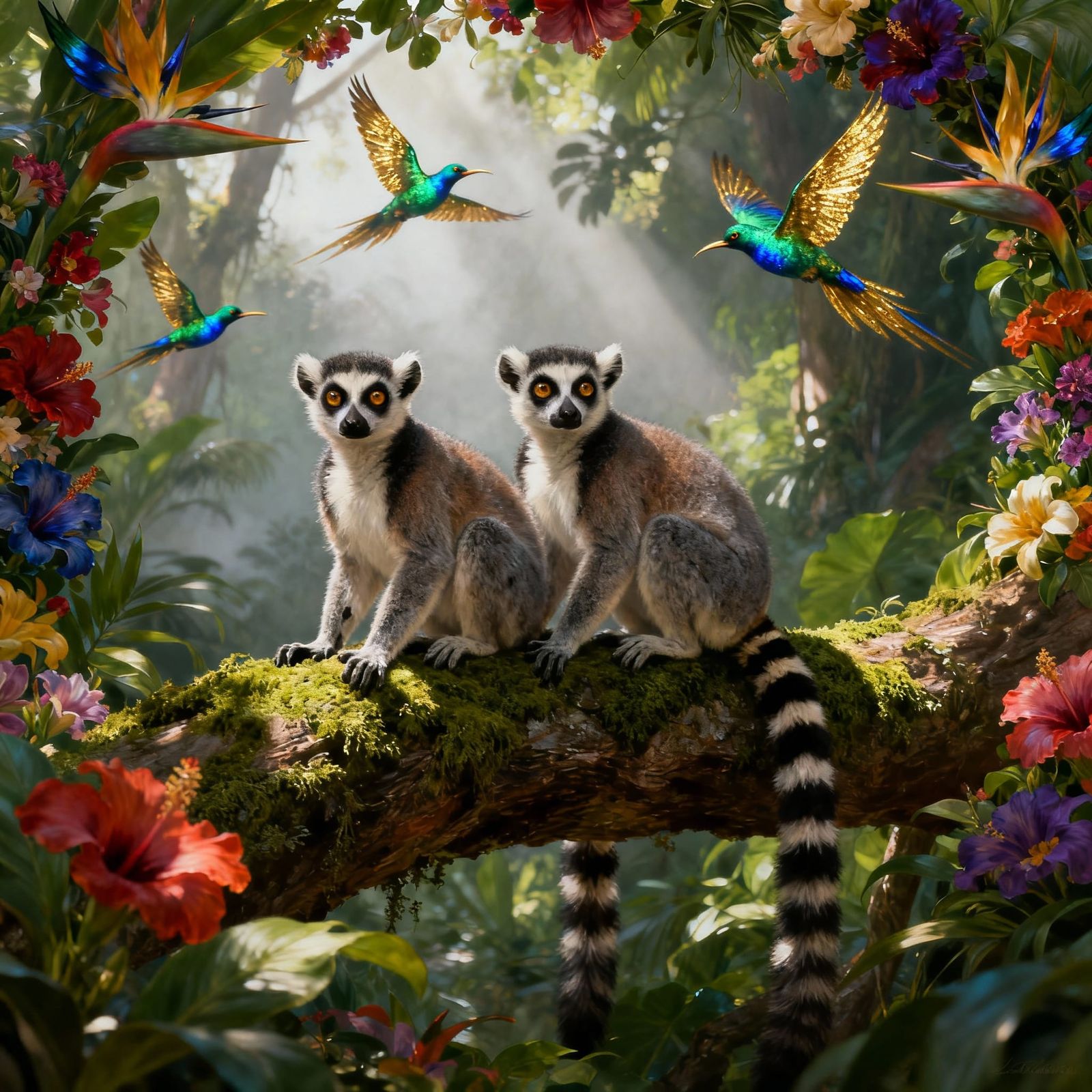 Vibrant Jungle Scene with Lemurs and Birds of Paradise