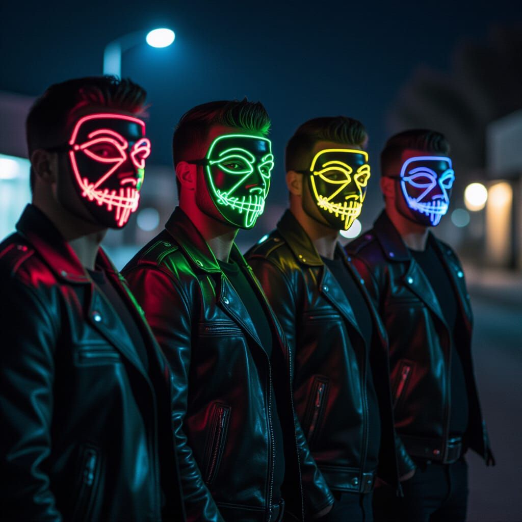 Neon Masks in a Cyberpunk Film Still